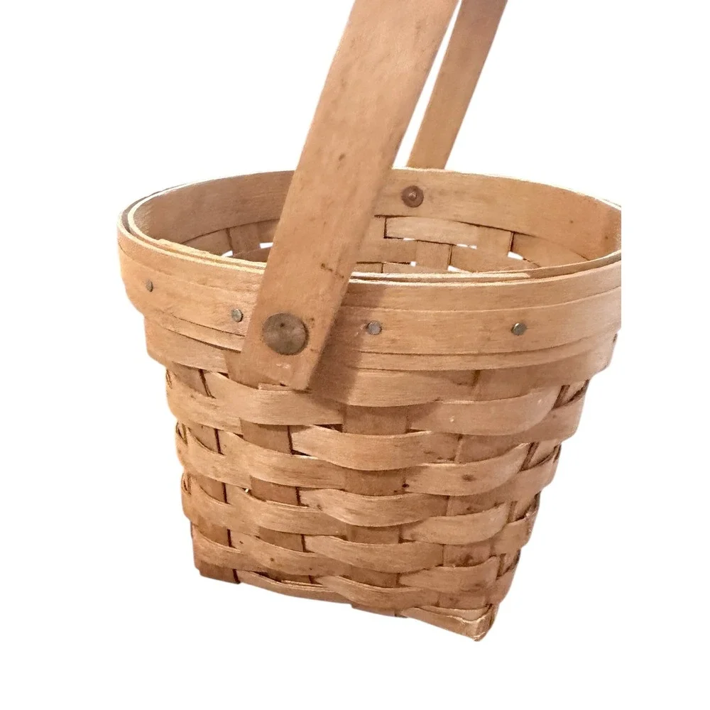 Longaberger Basket Handwoven Round Tapered Swinging Handle Natural Wood USA Made